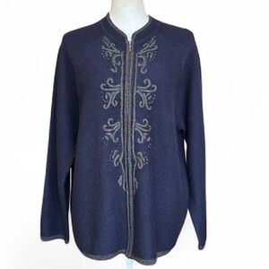 Karen Scott Vintage 100% Wool Embroidered Full Zip Cardigan Sweater Jacket 1X
